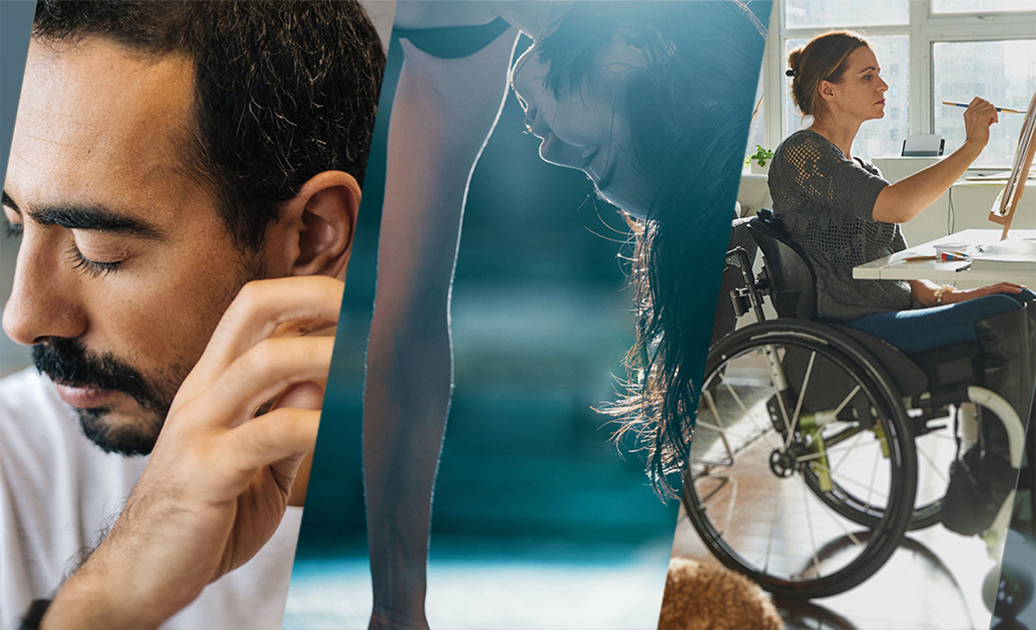 Tri združene slike prikazujejo osebo z zaprtimi močmi, osebo med stanjem na rokah in osebo v vozičku, ki slika na platno.