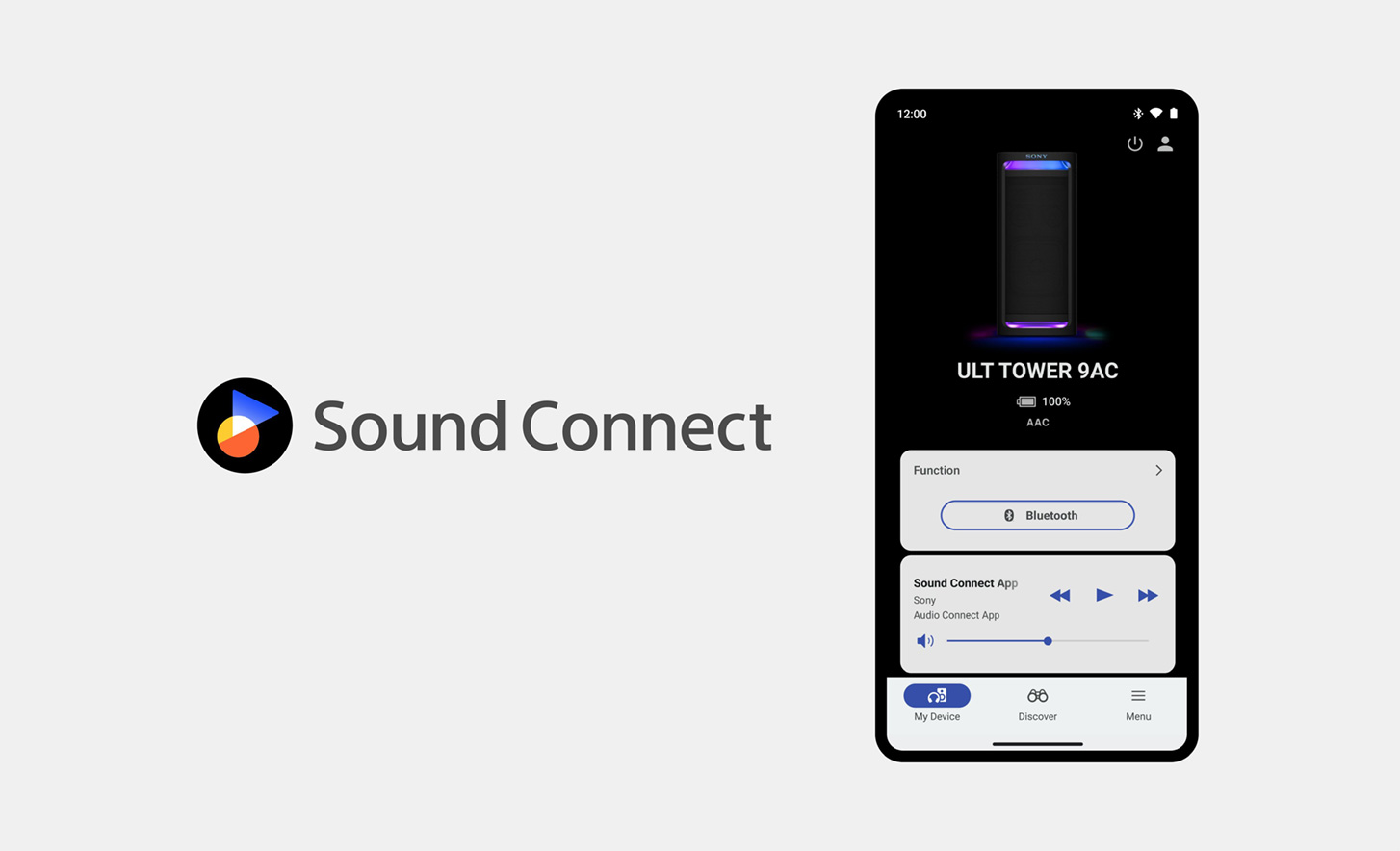 Logotip Sound Connect poleg slike mobilnega telefona z odprto aplikacijo Sound Connect, ki je med uporabo vidna na zaslonu